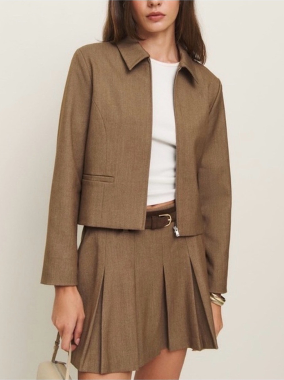 Reformation Brown Blazer & Pleated Skirt Size 6 Like New